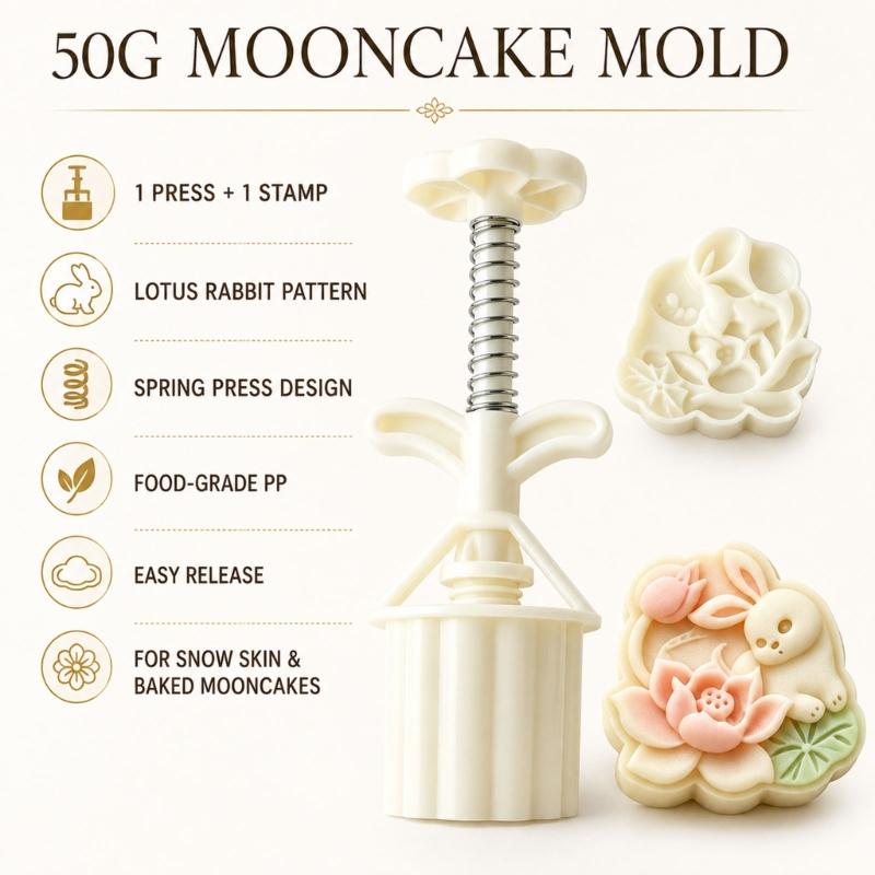 Lotuses Rabbit Moon Cake Molds 50G Manual Press Set, Plastic Pastry Shaping Tool for Pattern Dessert, Home Baking, and DIY Pastry Projects