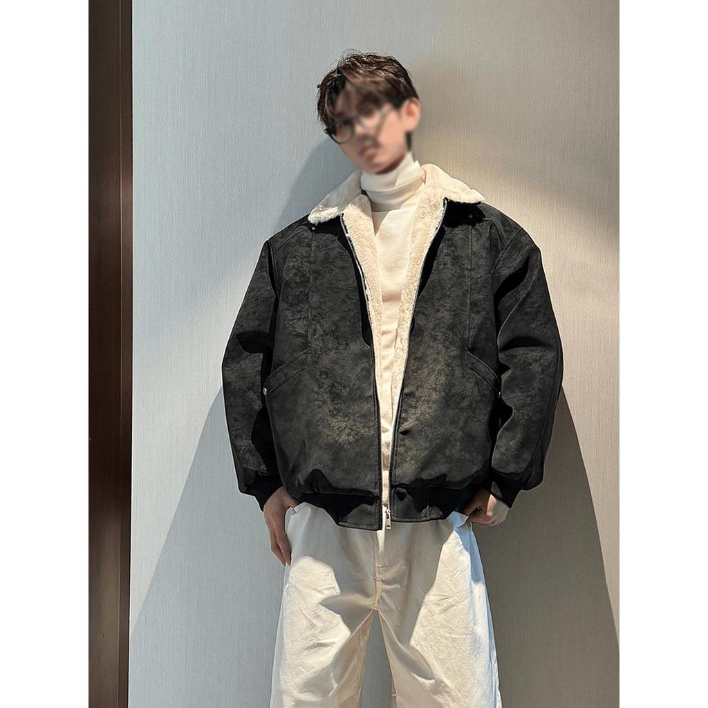 Men's American Style Tie-Dye Lamb Wool PU Leather Rivet Jacket