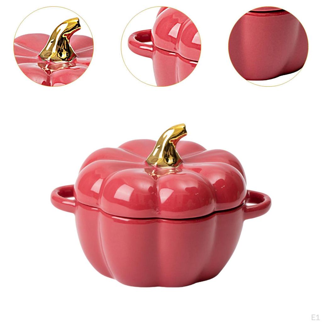 Keramikschale im Kürbisdesign mit Doppelgriff und Deckel zum Kochen und Servieren
