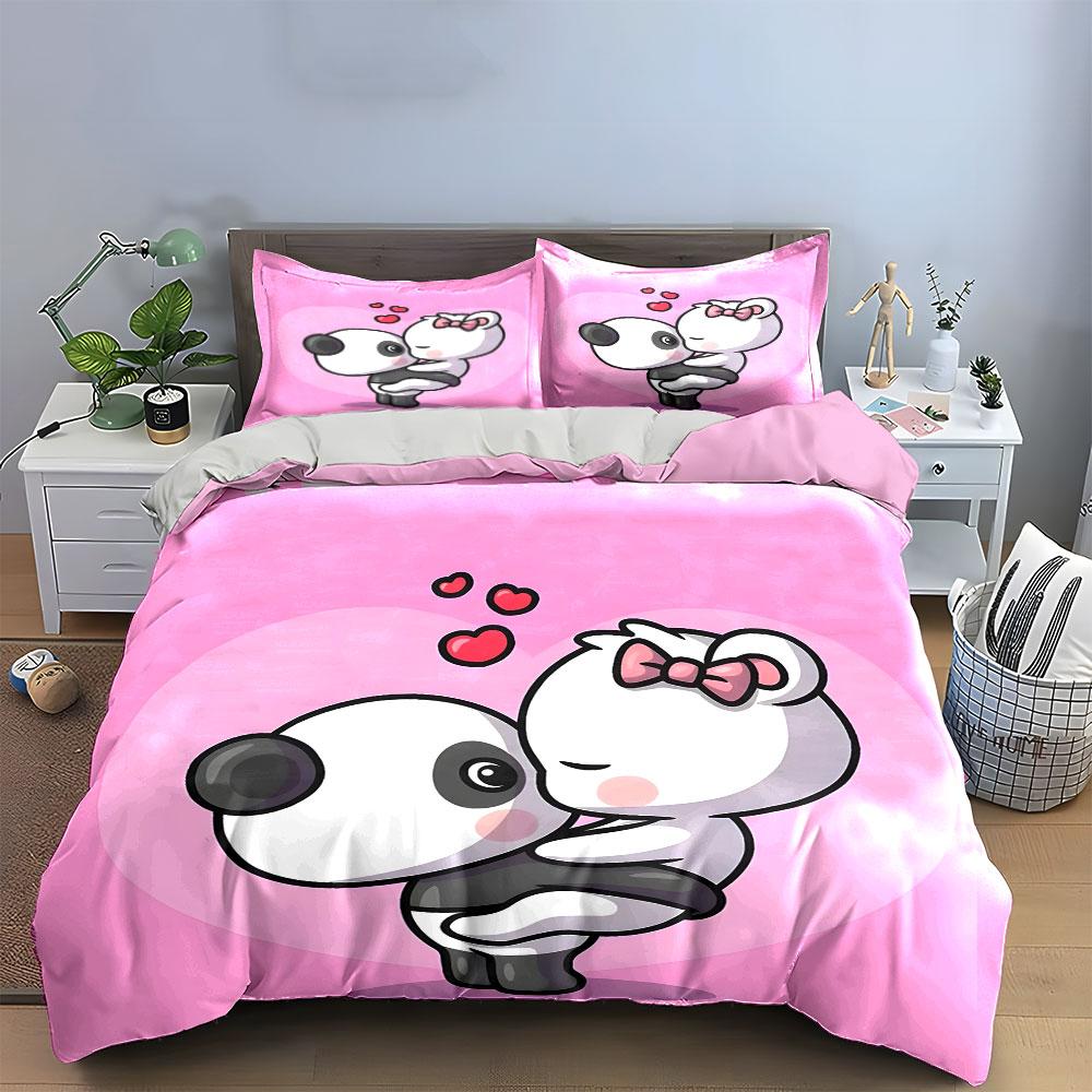 Panda and Bunny Love Hug Bedding Duvet Cover Set (1*Duvet Cover 2*Pillowcases, without duvet insert)