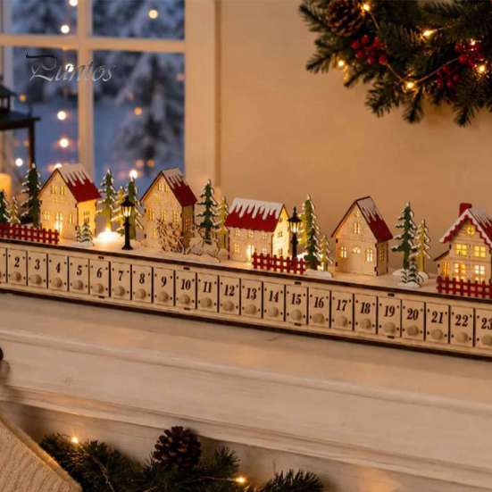 Holiday Countdown Calendar with Drawers Light-Up Wooden Christmas Village Advent Calendar, 24 Illuminated Snowy Cabin Display LED Lighted Scene