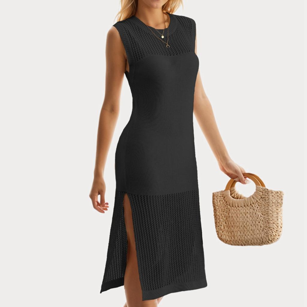 Women's Swimsuit Cover Up Crochet Knit Dresses Long Sleeveless Crewneck Swimwear Dress Side Split Beach Midi Dress
