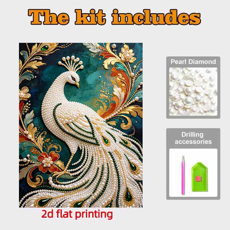 Pearl Painting 5D DIY White Peacock Gemstone Art Diamond Painting Kit for Adults/Beginners Gift Ideas Home Decor Wall Hanging Ornament