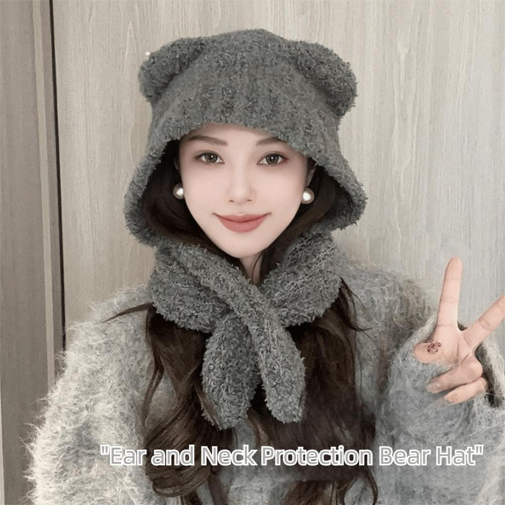 Bear Ear Women Scarf Hat Knitted Knitted Pullover Cap Durable Warm Cap  Outdoor Activities