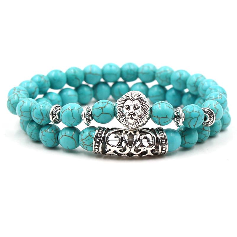 2PCS/Set Copper Color Buddha Head Lava Skeleton Turquoises Natural Stone Beads For Women Men Bracelet Set Charm Bangles