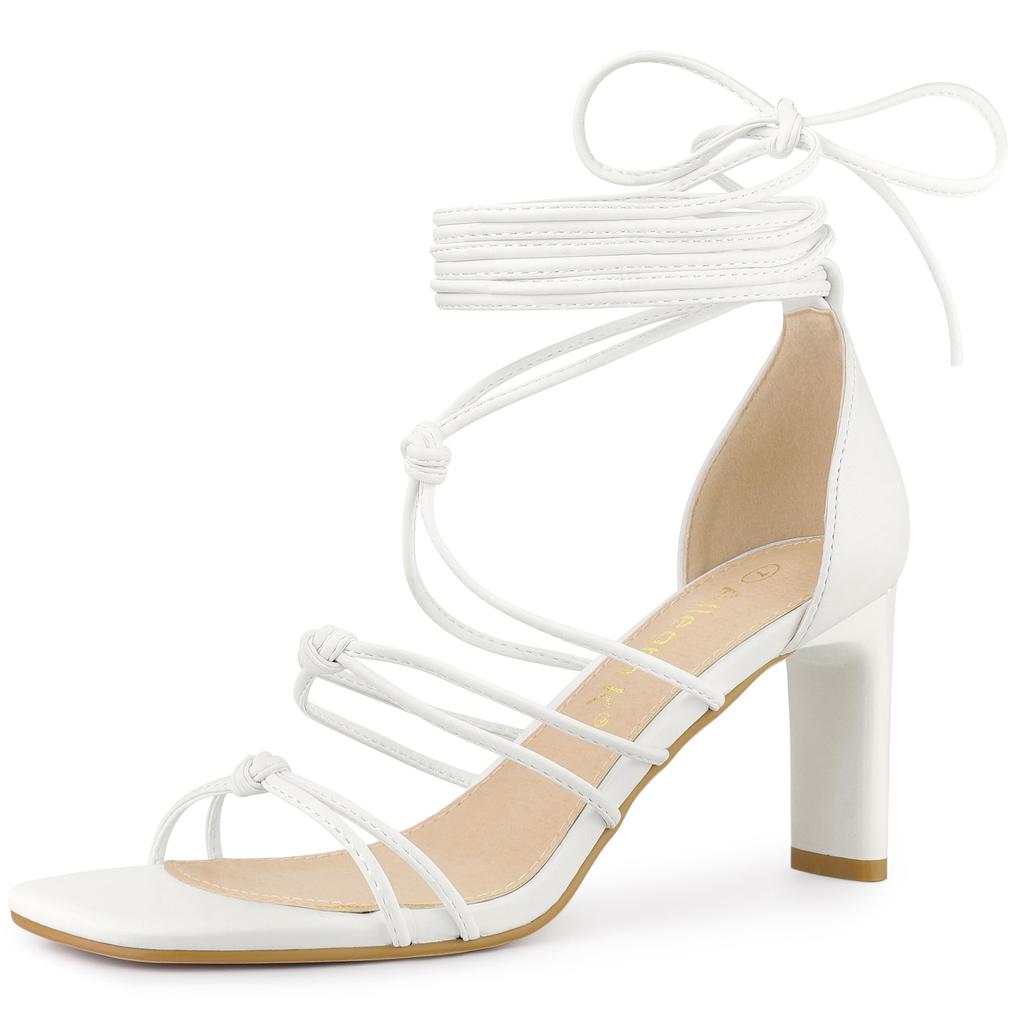 Allegra K Women's Chunky High Heel Sandals with Lace-Up Straps, White, Size 27.5cm