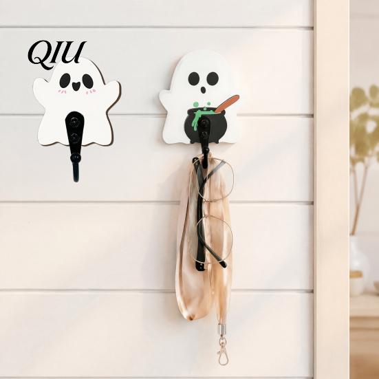 Punch Free Wall Storage Rack Halloween Themed Hook, Decorative Ghost Pattern Key Hanger, Self Small Bag Hanger for Bathroom Adhesive Backing Wood Base