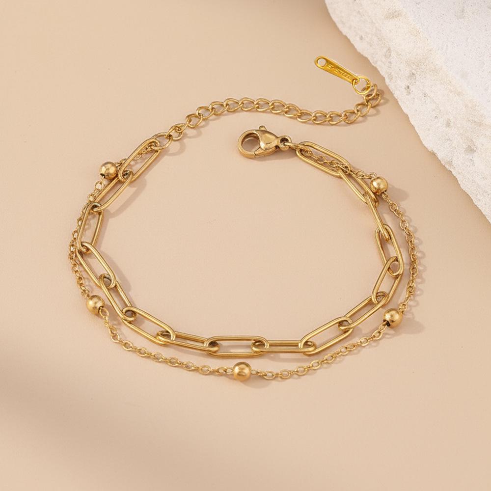 European-American Titanium Steel Paperclip Bracelet with Round Beads, Double-Layered Stainless Steel, Fashionable Cross-Border Design.