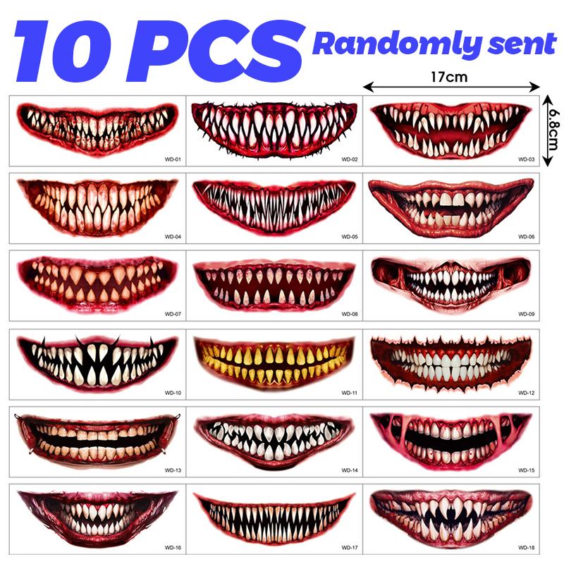 18 Style Randomly Sent Halloween Scary Big Mouth Temporary Tattoo Waterproof Long Lasting Do Not Stimulate Safety Tattoo Sticker
