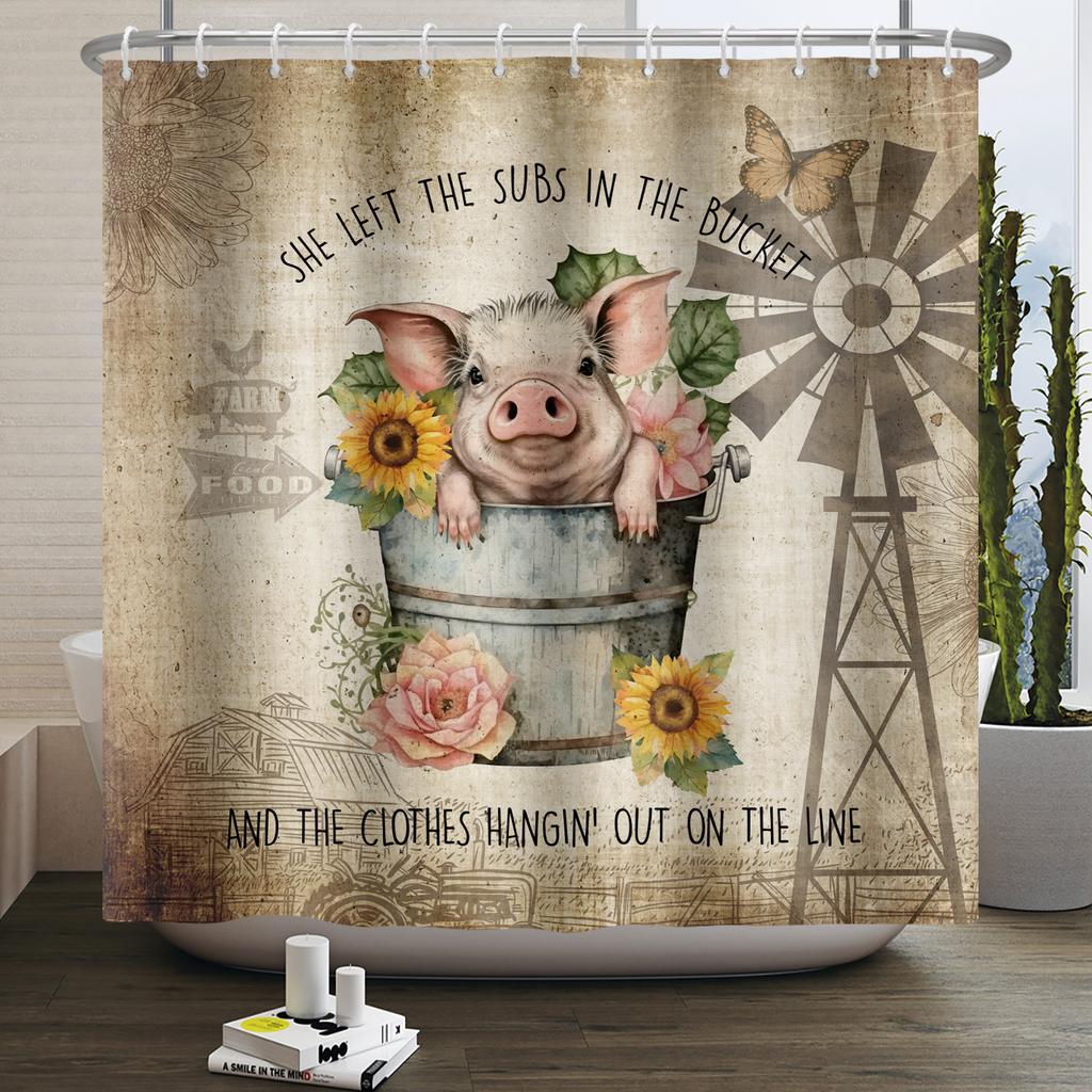 Bauernhoftiere Duschvorhang Niedlich Lustig Kuh Huhn Schwein Blume Pferd Holz Bauernhaus Scheune Rustikal Duschvorhang für Badezimmerdeko