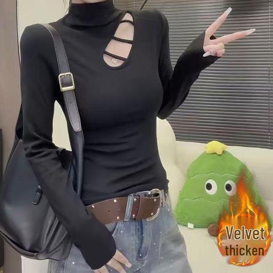 

Women s Black Ribbed Semi-High Neck Long Sleeve Knit Base Layer Top for Autumn/Winter S