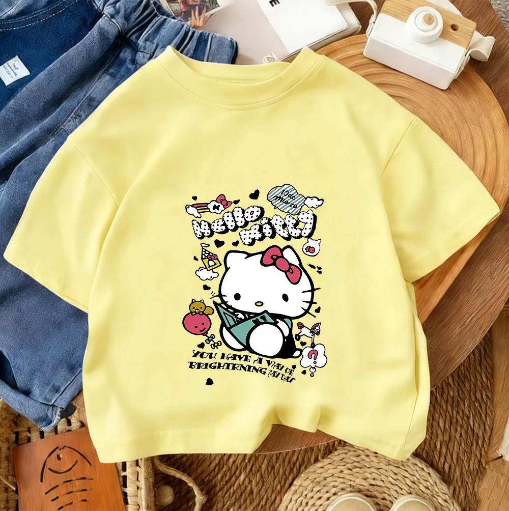 Детская футболка Hello Kitty, Мультяшная милая летняя с круглым вырезом, Модная, Хит продаж 160 white
