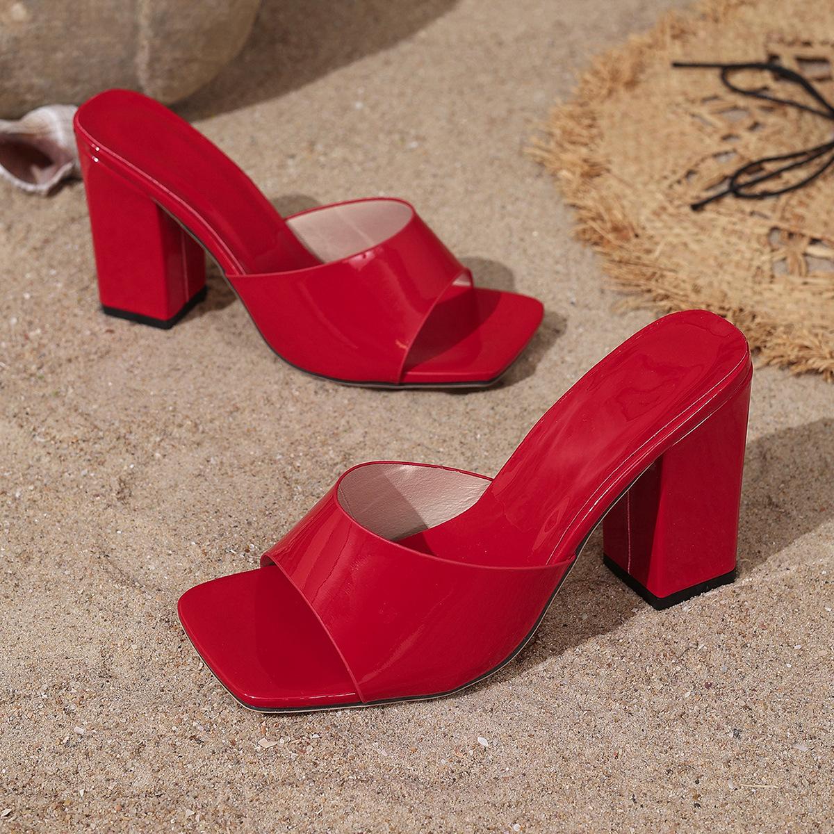 

2025 large size outer wear square head fashion thick heel open toe high heels cool slippers women s shoes temperament versatile 35 красный