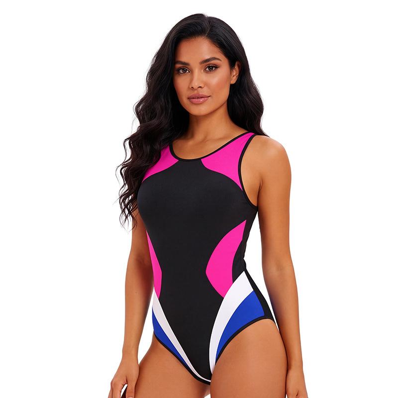 Color Block Sleeveless Triangle Swimsuit Women s Sexy Backless Sports Conservative Swimsuit XL