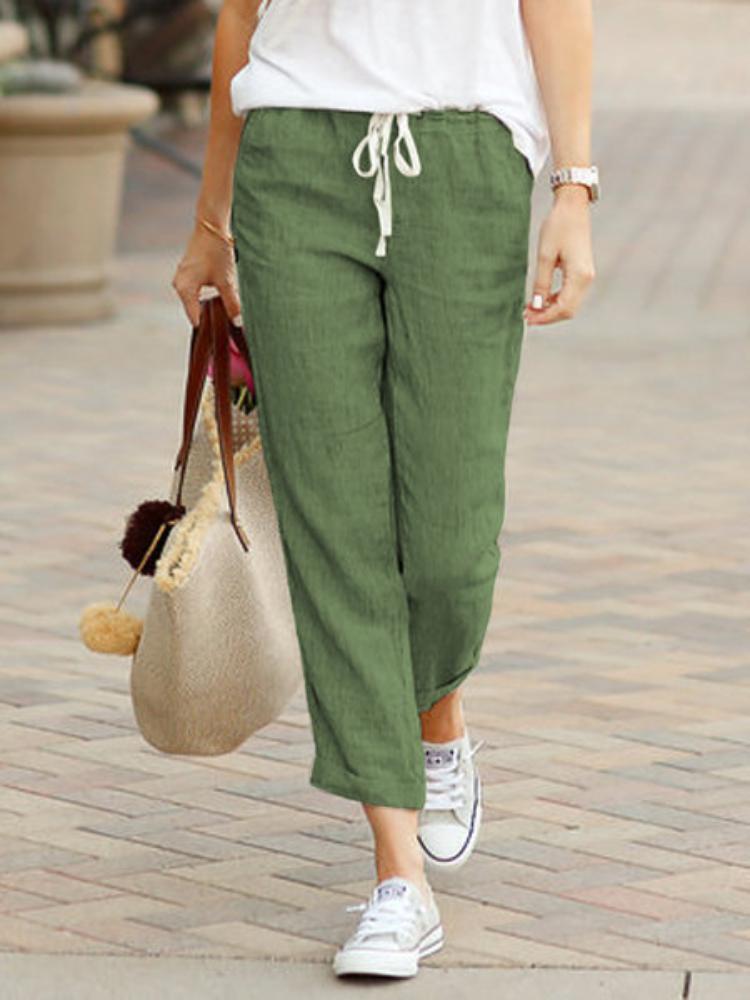 Women's Cotton Linen Pants Drawstring Elastic Waist Trousers Casual Solid Color Long Pants