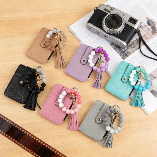 Portachiavi Braccialetto con Perline Portafoglio Donna Polsiera in Silicone Porta Carte di Credito Portafoglio Sottile con Nappa Tasca con Zip per Viaggio Shopping