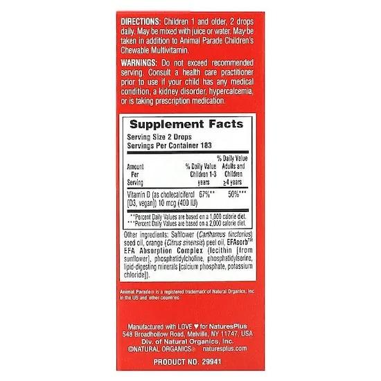 Natures Plus- Animal Parade, Vitamin D3-Tropfen, Natürliche Orange, 400 IE, 0,34 fl oz (10 ml)