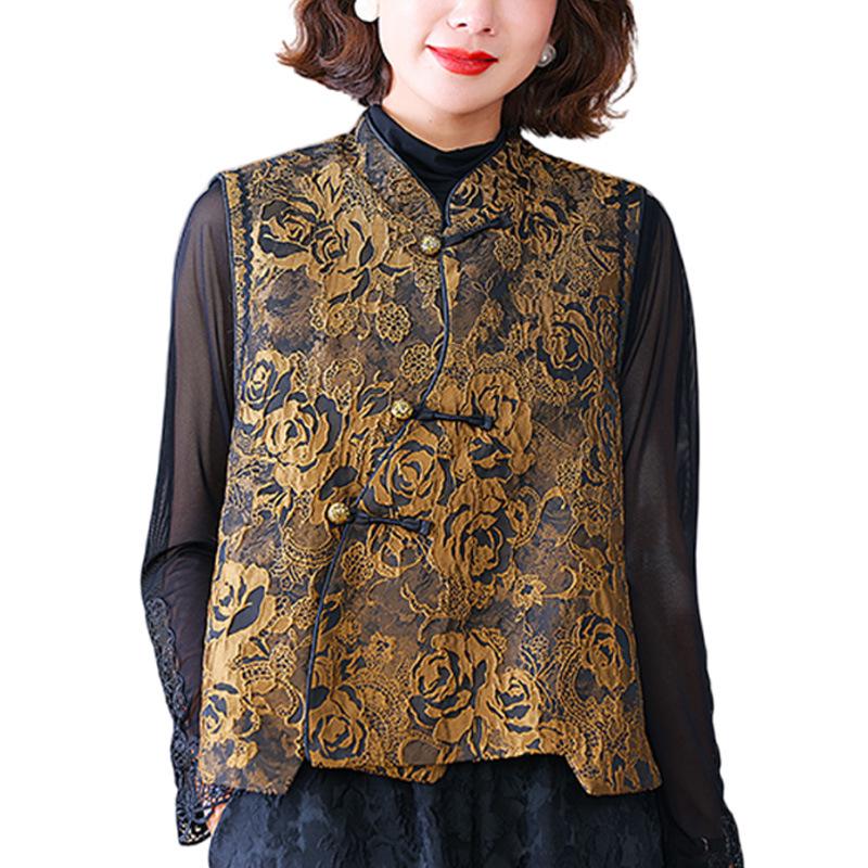 Dame Høst/Vinter Forbedret Tangdrakt Vattert Vest med Ståkrage - Kinesisk Nasjonalstil Jacquard Yttertøy.