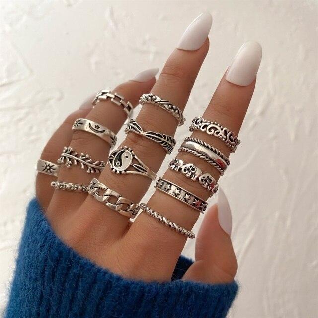 Anillo Geométrico Hueco Articulado Metálico Gótico 17KM para Mujer Anillo de Dedo con Forma de Sol y Hoja Plateado Vintage Accesorios de Joyería de Tendencia