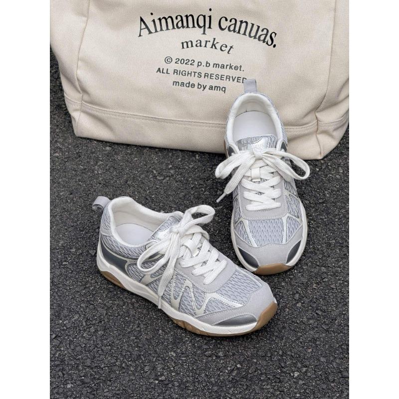 

Leather mesh color matching platform dad shoes women s autumn new versatile height increase sports 35 серебряный серый