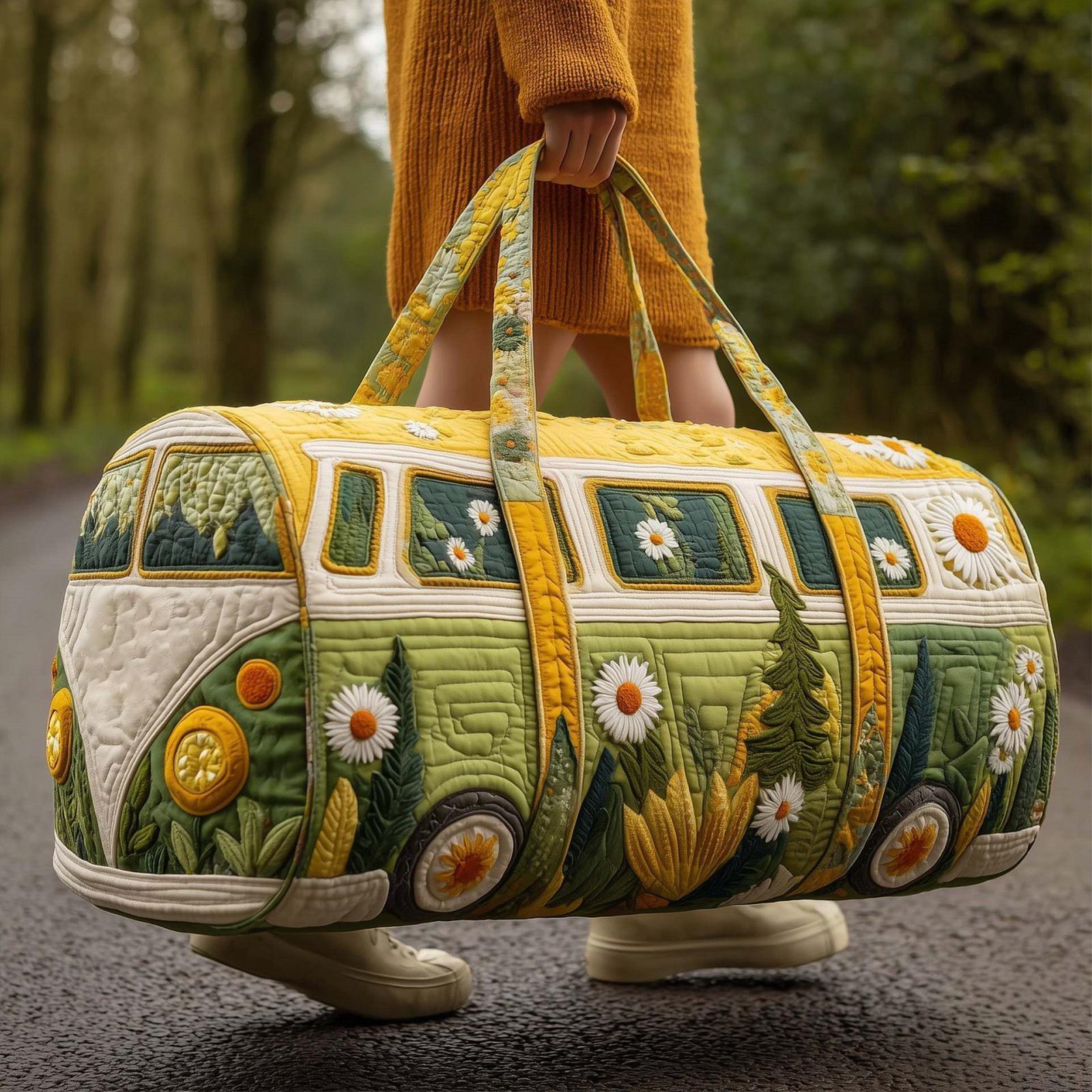 

3D Embroidered Quilted Travel Duffel Bag with Floral Pattern and Handheld Design for Weekend Overnight Trips 18x9x9 Inches ONE SIZE