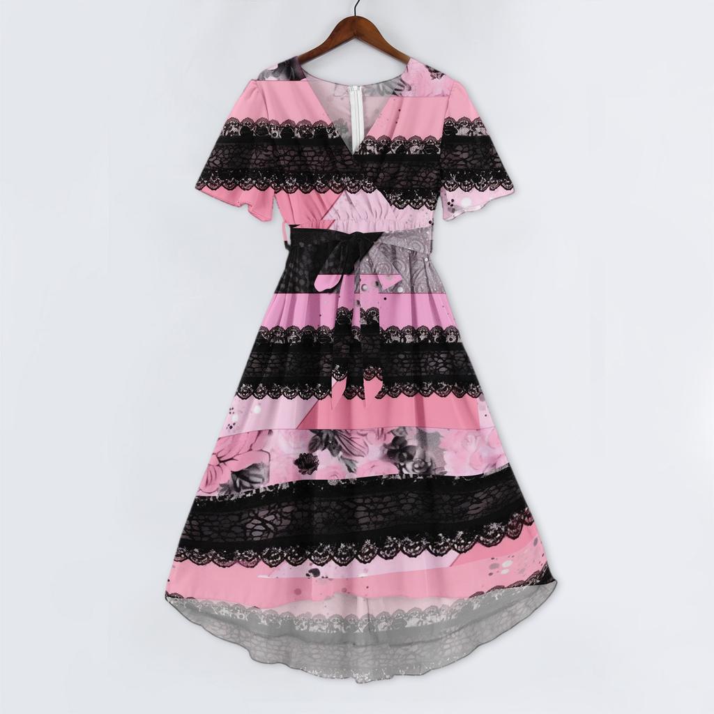 Women V Neck Short Sleeve Casual Dress Vintage Floral Print Midi Dress with Wrap Style and Flared Hem Suitable for Daily Wear