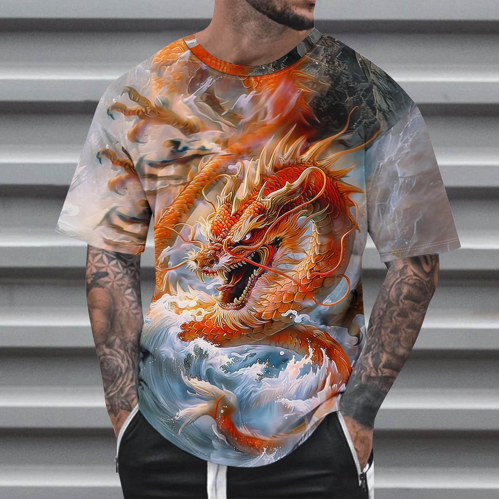 Animal  Dragon Pattern 3D Print Round Neck Short Sleeve Men's T-shirts Oversized Harajuku Tops