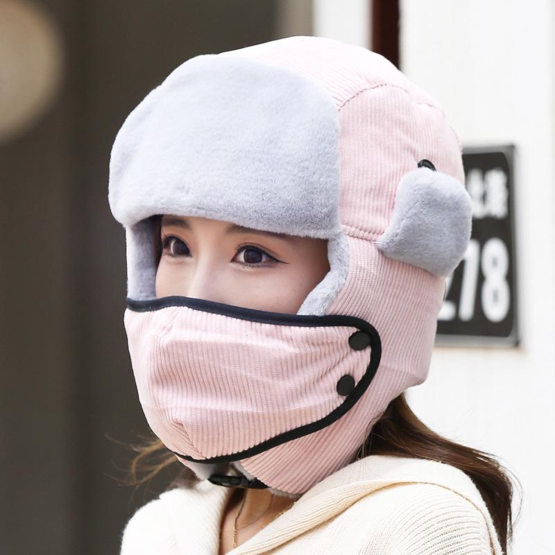 Female warm imitation rabbit fur corduroy with mask winter travel male cute velvet thickened cotton hat