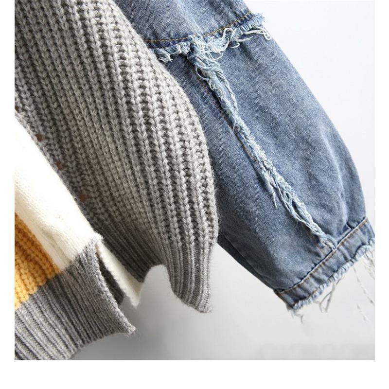 Sweater Denim Patchwork Twist Pullover Top for Girls