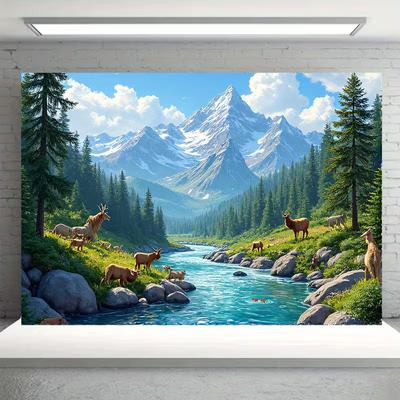 2D Forest Wildlife Backdrop Cloth, Mountain River Landscape Background for Room Decor