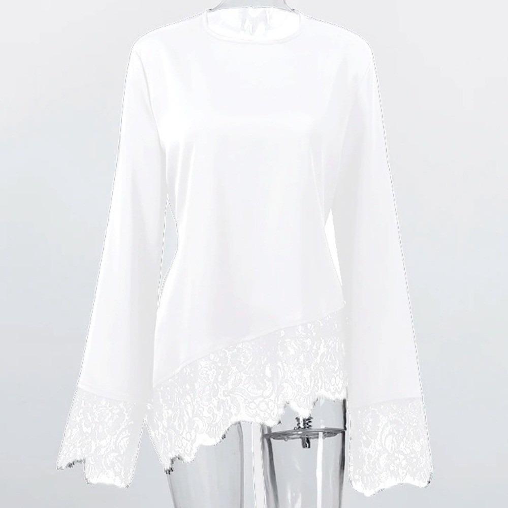 Waist-cinching Lace Patchwork Long Shirt Round Neck Slim Belted Blouse  Office Ladies S Length 58cm белый