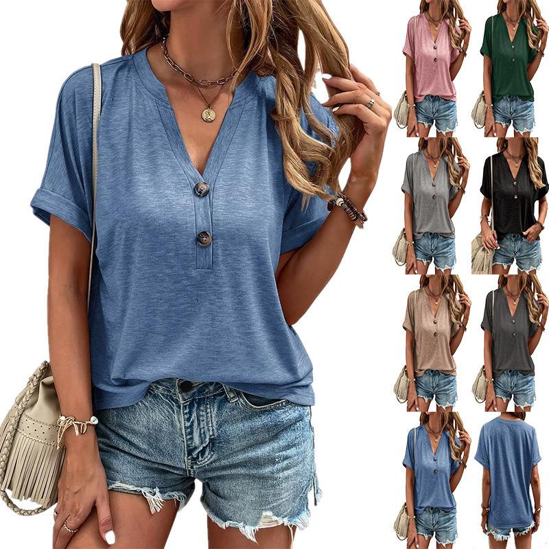 Women's Summer European and American Short-sleeved Blouse, Twisted Button Plain Women's V-neck T-shirt