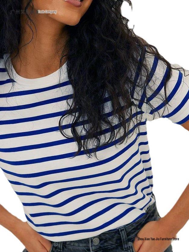 2026 Spring/Summer European & American Trend: Versatile Striped Round Neck Casual Short Sleeve T-Shirt