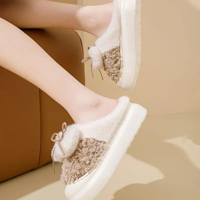 WTEMPO Soft Plush Women's Autumn Winter Bow Slippers Couple Thick Heel Non-slip Indoor Warm Cotton Slippers