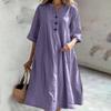 Women Fashion 3 Buttons V Neck Dresses Casual Plus Size Half Sleeve Loose Solid Color Cotton Linen Dress