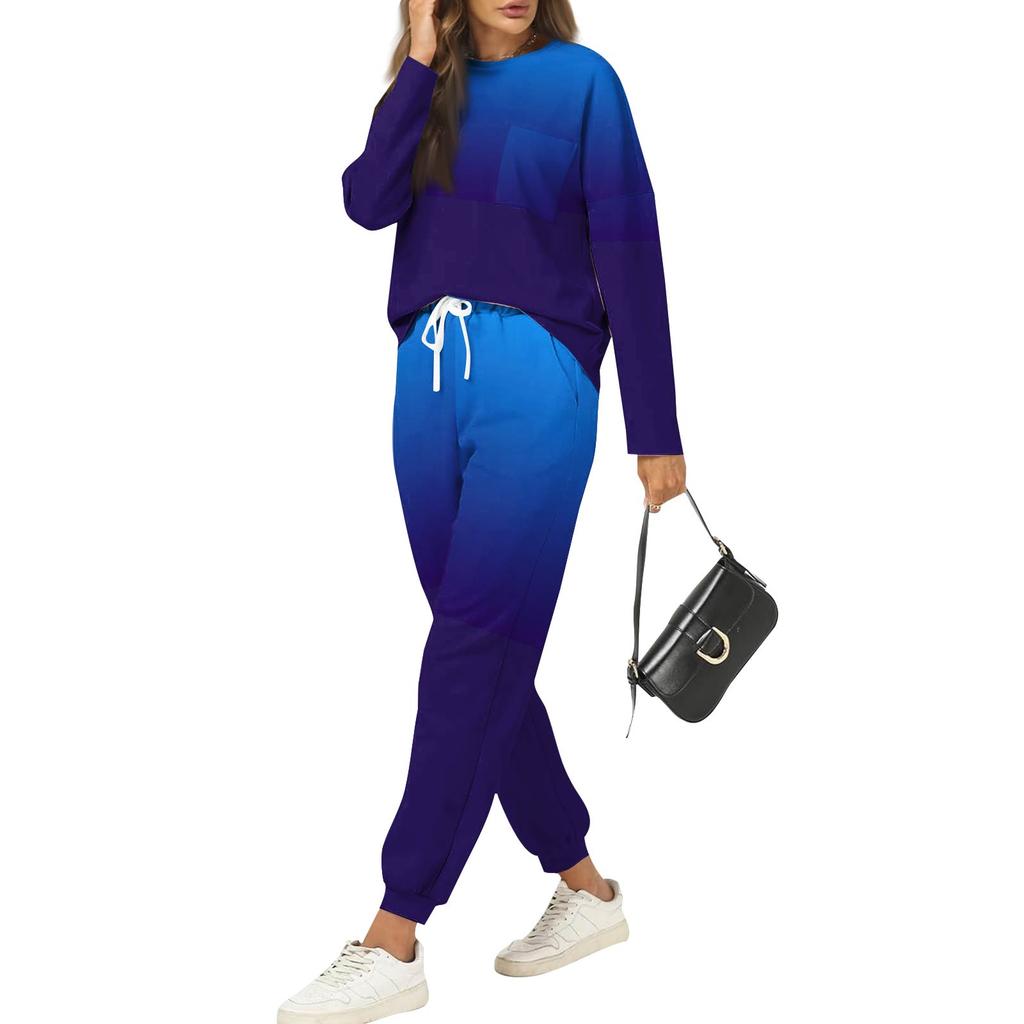Sets For Women 2 Piece Round Neck Long Sleeve Shirts Printed Sweatpants Pocket Sets