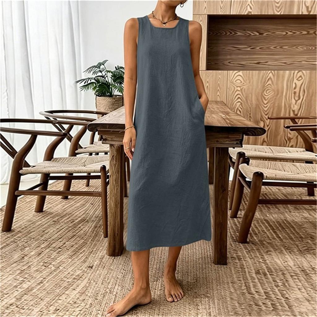 Ärmelloses Damen-Freizeitkleid aus Leinen-Baumwollmischung, Midi, lockere Passform, Rundhalsausschnitt, Sommer-Strandkleid mit Taschen