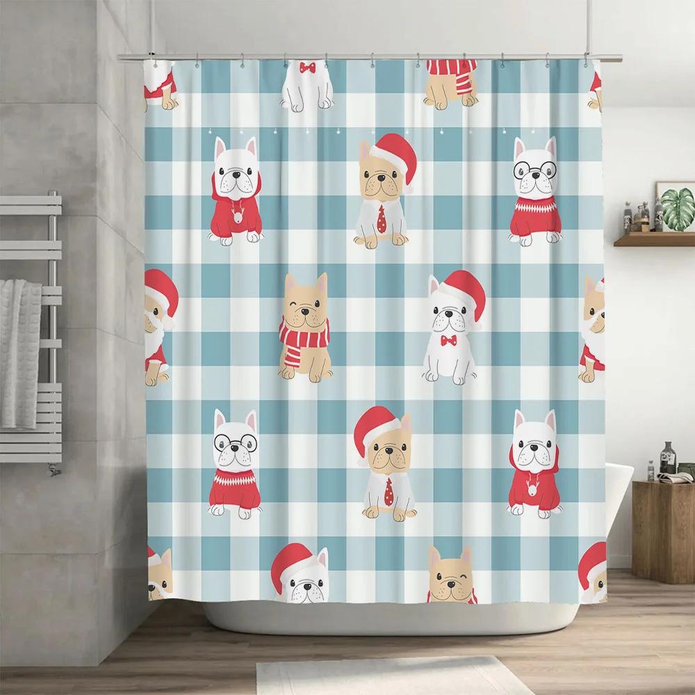 Blue Checkered Bath Curtains with Christmas Dog Print Set for Kitchen or Bathroom Decoration (86x174cm)