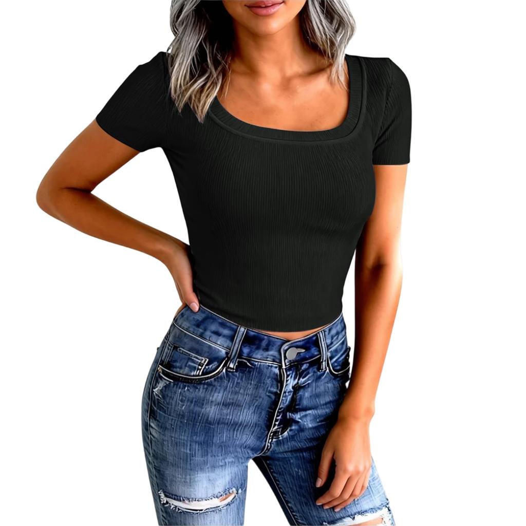 Women's Ribbed Slim Fit Sexy U-Neck Casual T-Shirt