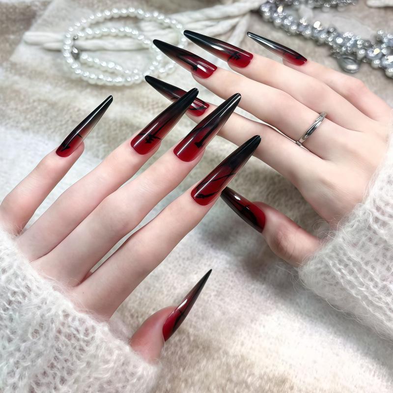 Winter Gothic Red & Black Gradient Press-on Nails: Mysterious Long Detachable Tips