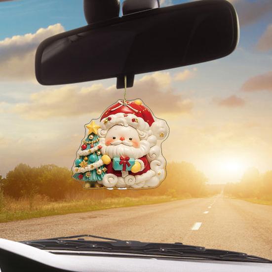 Christmas Car Charm 2D Acrylic Keychain Santa Reindeer Car Mirror Hanging Ornament Festive Decor for Home Tree