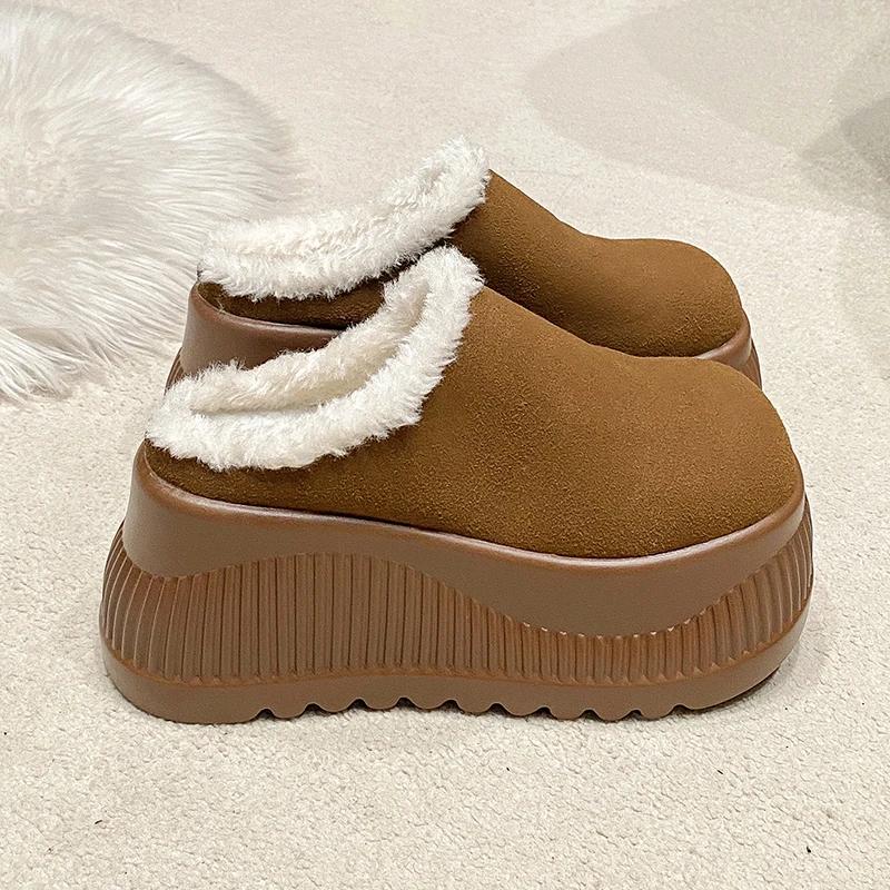 Mode Neue Plateau-Pelzpantoletten mit runder Zehenpartie für Damen Wildleder Pantoletten Baumwollschuhe Winter Lässig Kurzer Plüsch Warm 10CM Hohe Absätze Pantolette