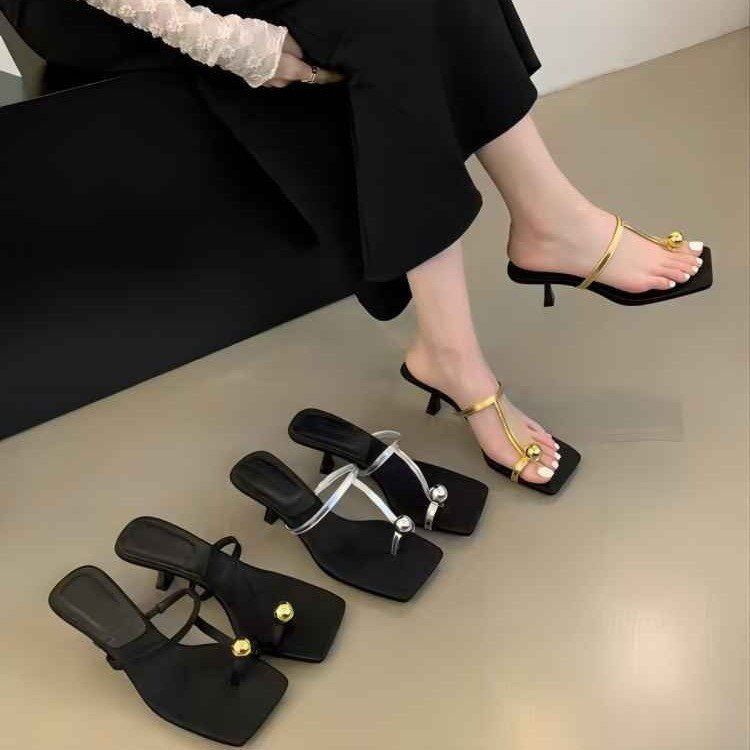 Fashion trend sense soft sole not tired feet square head thin heel high heels set toe cool slippers