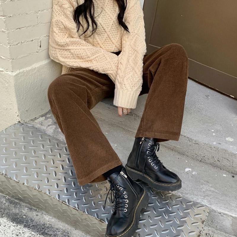 Pantaloni di velluto a coste vintage Pantaloni dritti a vita alta con tasche causali Tutti abbinati a pantaloni coreani femminili
