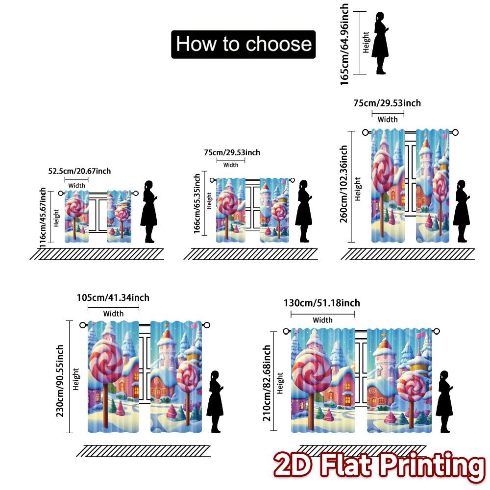2pcs,Curtains Candy Christmas Village Scene (3) Popular Light Filtering Curtains Yarn Curtains Room Decor for Living Room, Home