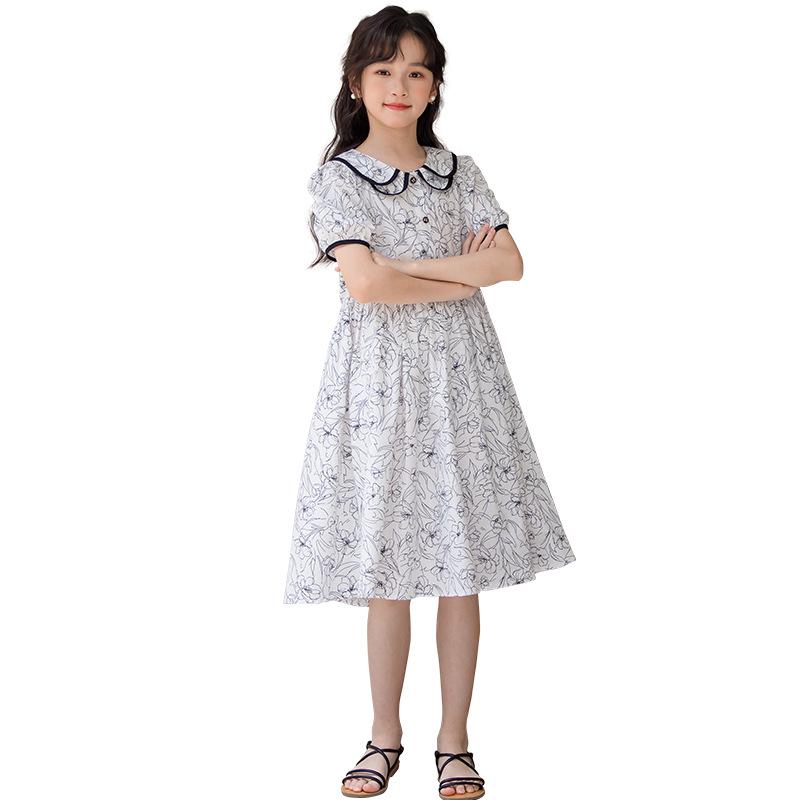 

Летнее платье принцессы с коротким рукавом и воротником-бабочкой для девочек 2025 года - Хлопок с принтом по всей поверхности для детей среднего и старшего возраста 120cm белый