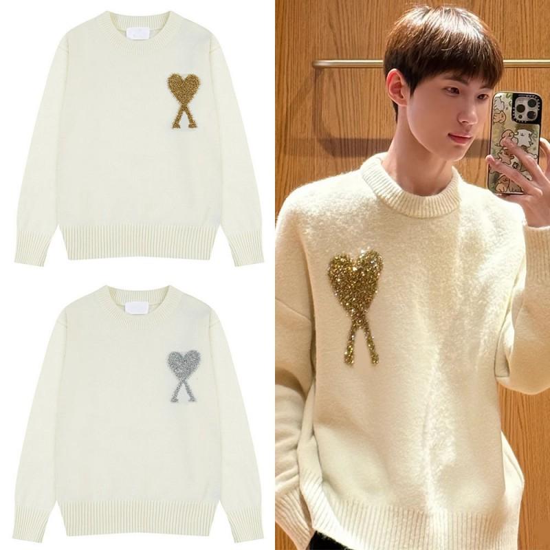 Unisex Chunky Knit Cardigan With Gold Thread Heart Motif Loose Fit Crew Neck Sweater Winter