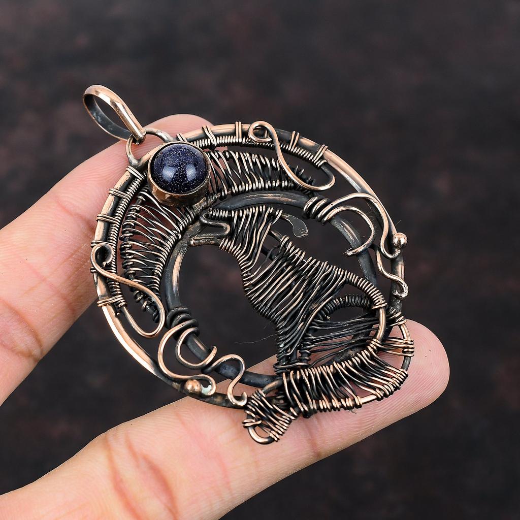 Blue Sunstone Pendant Copper Wire Wrapped Gemstone Pendant Antique Jewelry Dog Pendant Handmade Stylish Pendant Copper Wire Jewelry For Gift