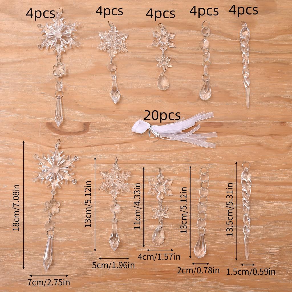 3/5/20pcs Contemporary Acrylic Snowflake and Icicle Ornament Set - Translucent Christmas Tree Decorations for Holiday