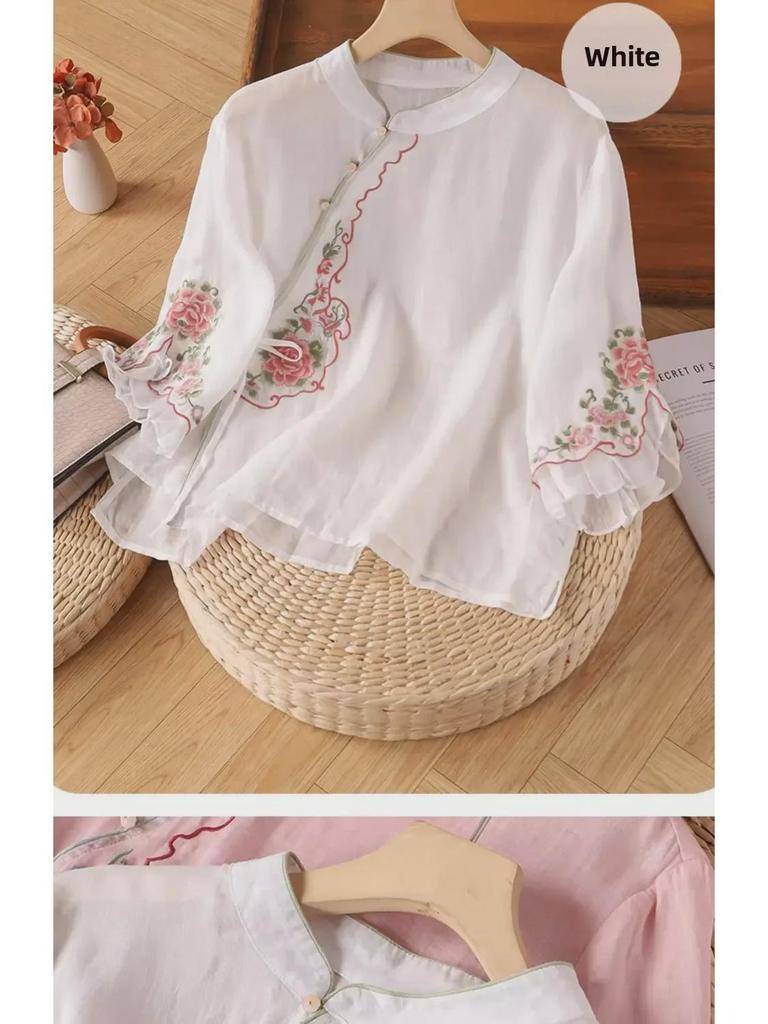 Women's Ethnic Embroidered Cotton-Linen Shirt, Oblique Collar, 3/4 Sleeves, Retro Literary Summer Tea Dress.